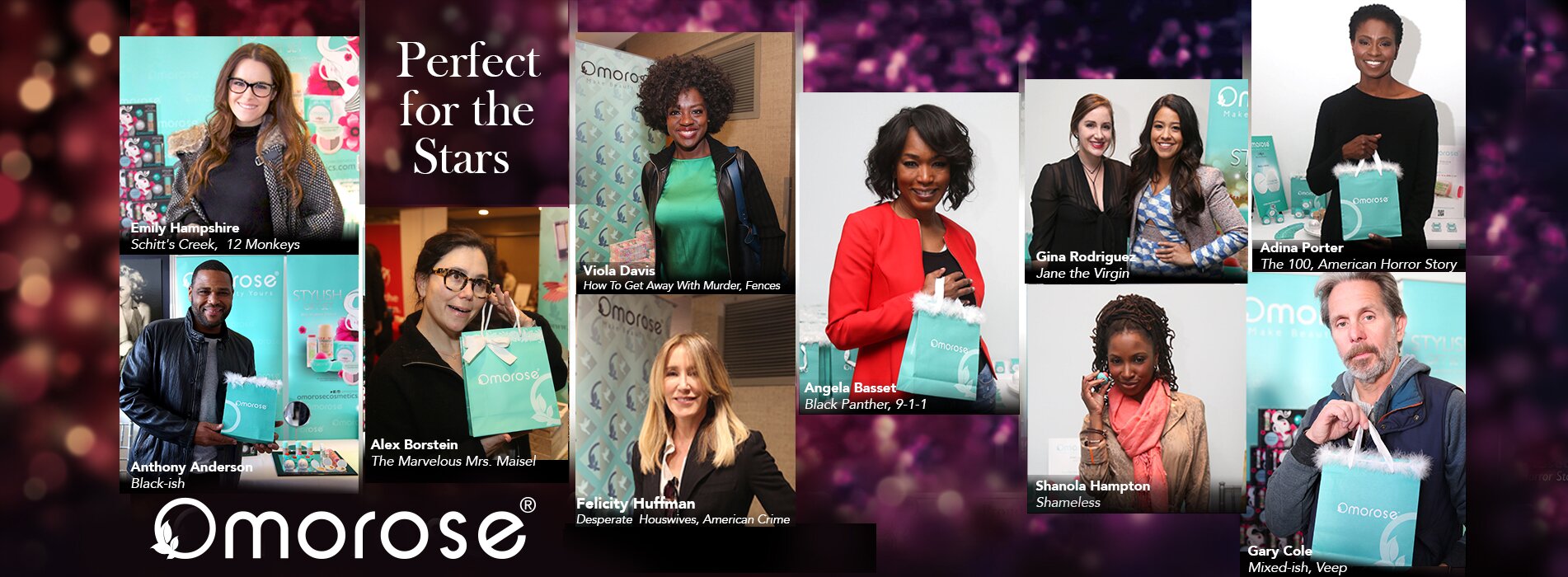 Collage of Hollywood celebrities holding Omorose products